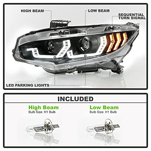 LNMTLZHHM BLACK LED Block Sequential Signal Dual Projector Headlight For Honda 2016-2020 Civic