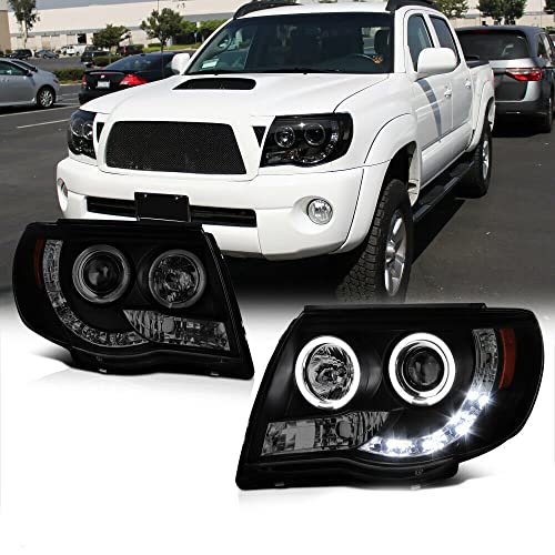 LNMTLZHHM For 2005-2011 Toyota Tacoma Pickup TRD Black Halo Angel Eye Projector Headlight Lamp