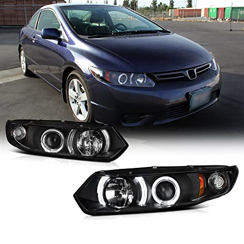 LNMTLZHHM For 2006-2011 Honda Civic Coupe 2D Coupe FG Black LED Halo Angel Eye Projector Headlight