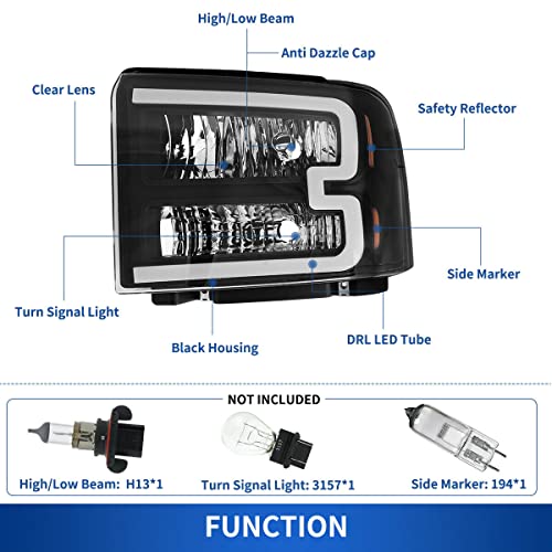 LNMTLZHHM Black For Ford Superduty LED Tube DRL Headlights