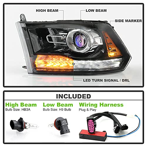 LNMTLZHHM For Dodge Ram Pickup Black Projector Headlight LED DRL Switchback Signal