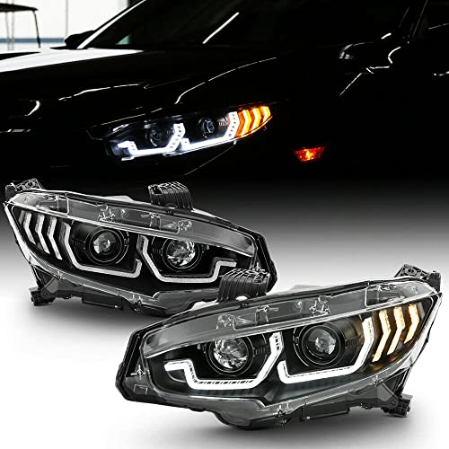 LNMTLZHHM BLACK LED Block Sequential Signal Dual Projector Headlight For Honda 2016-2020 Civic