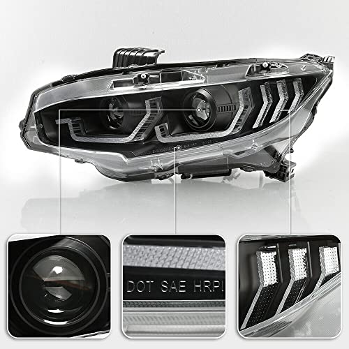 LNMTLZHHM BLACK LED Block Sequential Signal Dual Projector Headlight For Honda 2016-2020 Civic